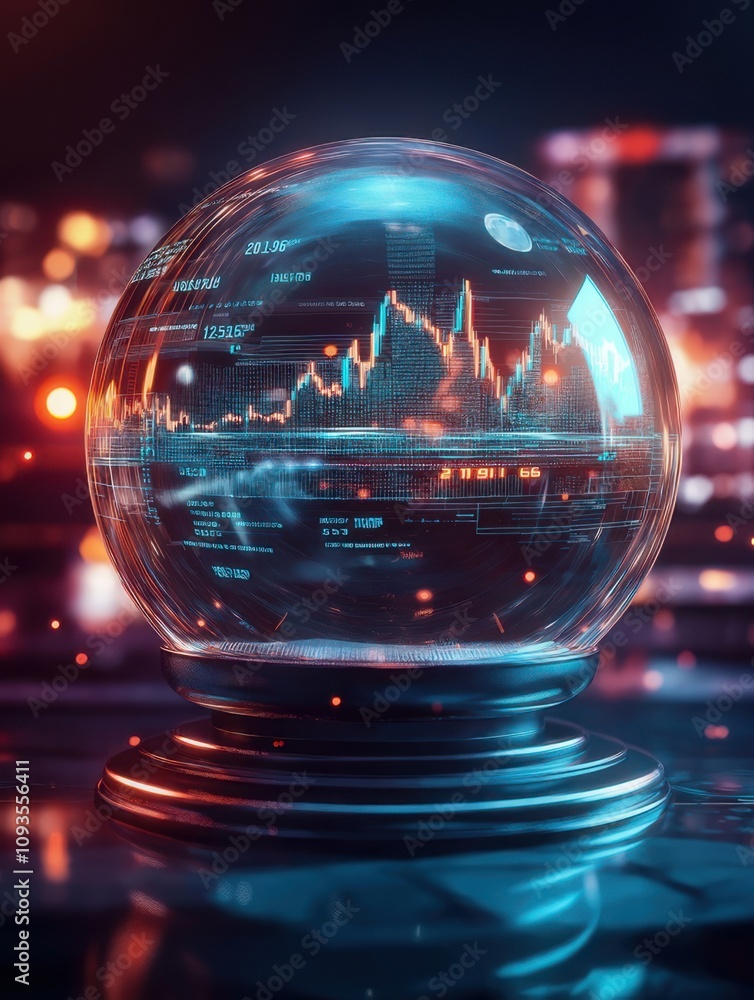 Crystal ball displaying stock market data with a futuristic city background during the night Crystal ball displaying stock market data with a futuristic city background during the night