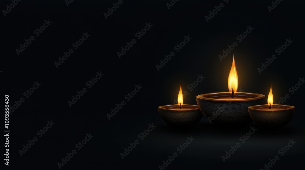 Three candles flickering softly against a black background during a serene evening setting Three candles flickering softly against a black background during a serene evening setting