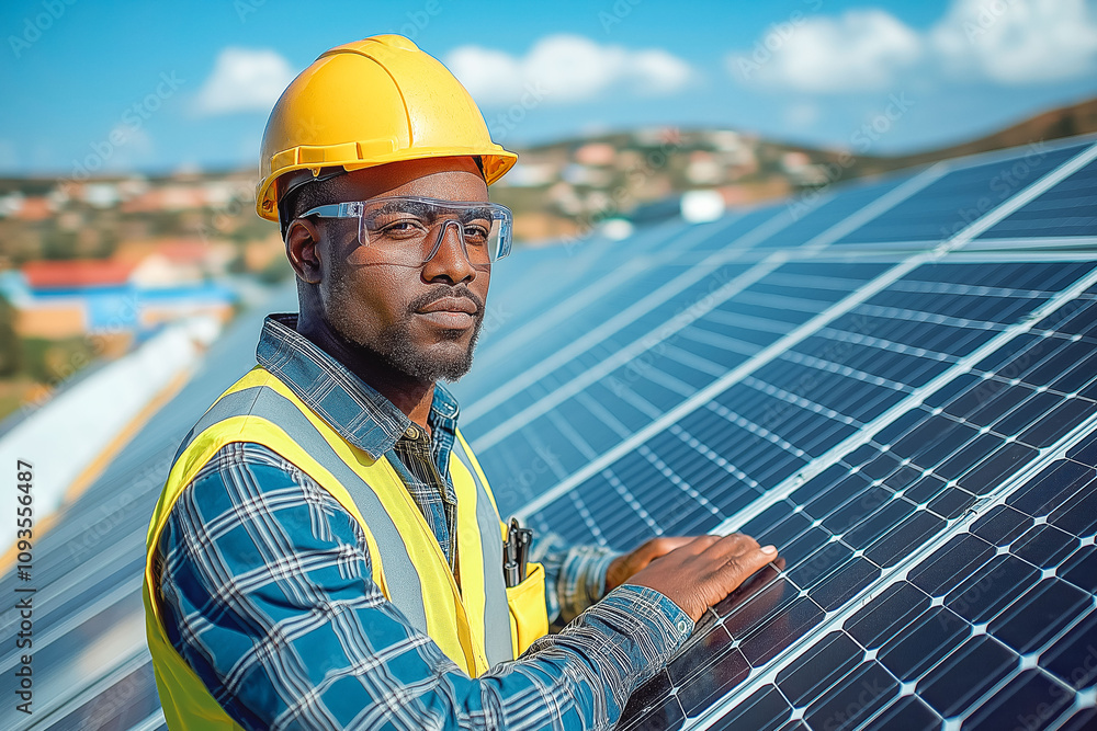 Close-up of an engineer inspecting solar panels on a corporate rooftop Close-up of an engineer inspecting solar panels on a corporate rooftop