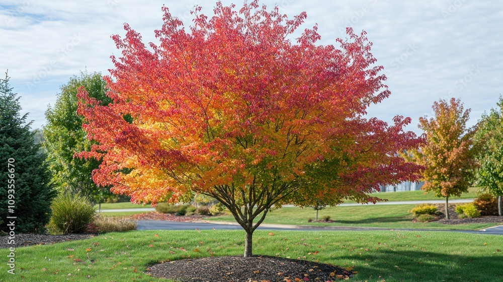 Naklejka premium Autumnal Splendor: A Vibrant Maple Tree in its Fall Glory