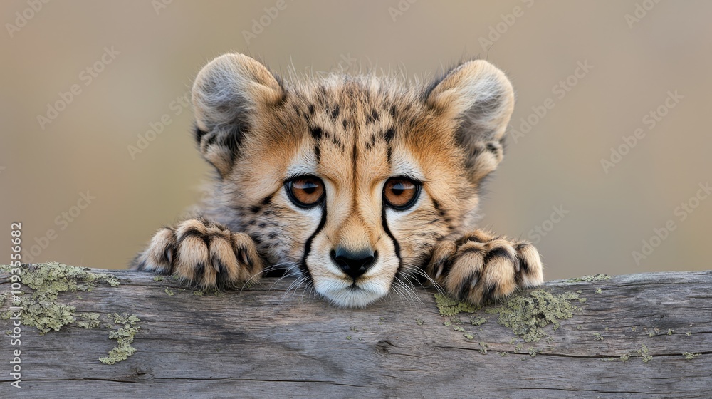 Naklejka premium A cheetah cub peeking over a log looking at the camera