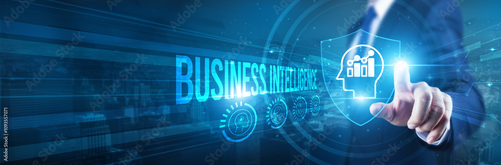 Businessman hand touches a shield, BI business intelligence solutions. The concept represents safeguarding business operations, data security, decision-making processes, corporate strategy. Businessman hand touches a shield, BI business intelligence solutions. The concept represents safeguarding business operations, data security, decision-making processes, corporate strategy.