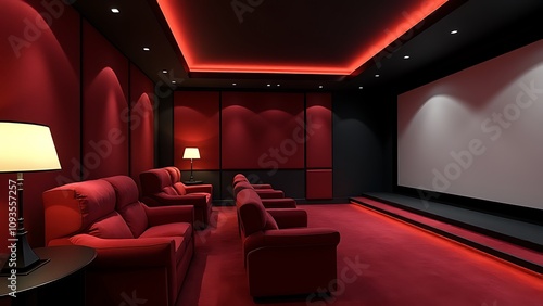 Chic home cinema room features hidden lights, velvet armchairs, table lamps, and a large movie screen in sleek 3D rendering. photo