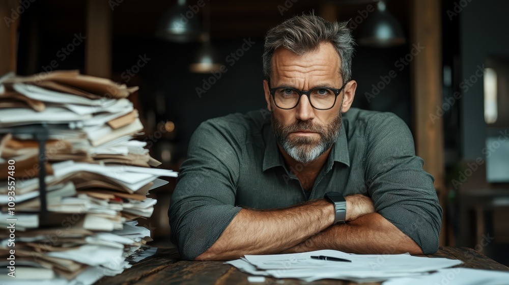 A contemplative image of a serious, glasses-wearing man surrounded by stacks of papers in an office setting under soft lighting, suggesting deep focus. A contemplative image of a serious, glasses-wearing man surrounded by stacks of papers in an office setting under soft lighting, suggesting deep focus.