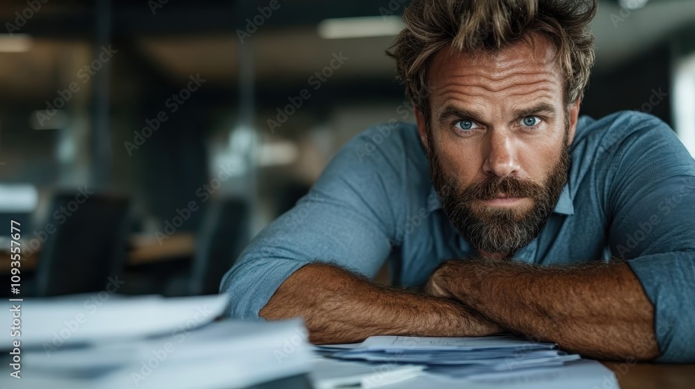 A striking depiction of a focused bearded man in a modern office environment, surrounded by documents and embodying concentration under subdued lighting. A striking depiction of a focused bearded man in a modern office environment, surrounded by documents and embodying concentration under subdued lighting.