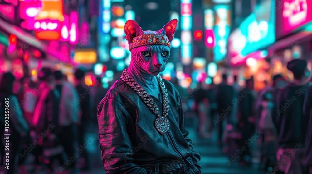 A stylized figure in a cat mask stands in a vibrant, neon-lit urban setting. A stylized figure in a cat mask stands in a vibrant, neon-lit urban setting.