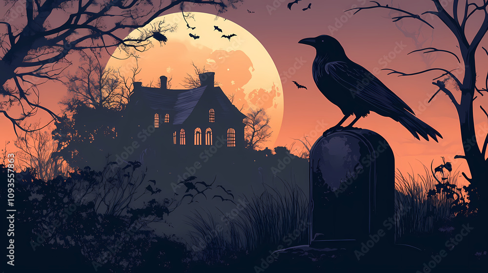 Fototapeta premium A crow sits on a tombstone in front of a haunted house under a full moon. Haunting Crow Silhouette. Illustration