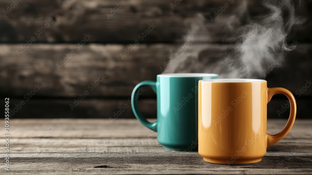 Two steaming mugs artistically placed on a rustic wooden table creating a cozy and inviting atmosphere perfect for reflecting warmth, relaxation, and friendship. Two steaming mugs artistically placed on a rustic wooden table creating a cozy and inviting atmosphere perfect for reflecting warmth, relaxation, and friendship.