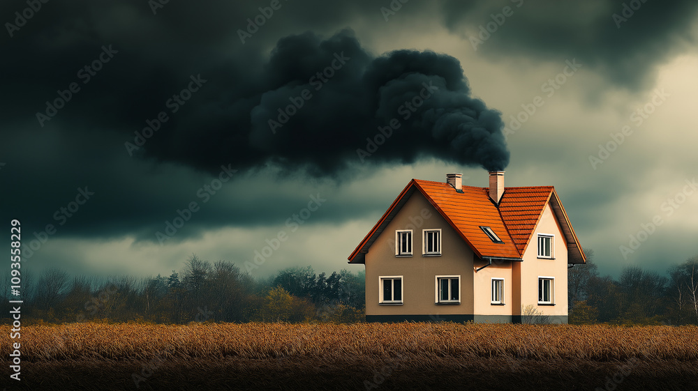 Naklejka premium Dom z nie ekologicznym piecem z którego wydobywa się czarny dym