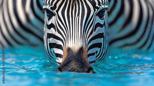 A zebra is swimming in the water with its head above the water