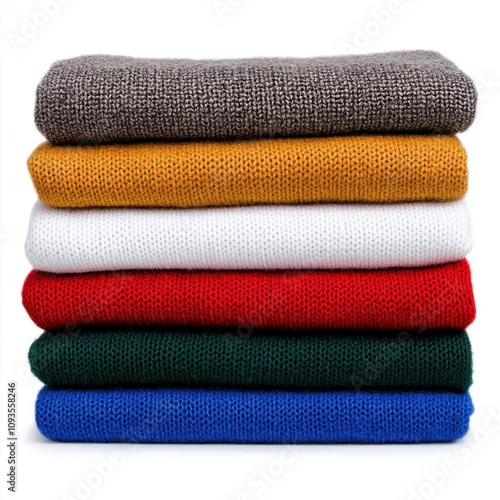 A photostock of a stack of neatly folded colorful clothes, displayed on a bright white background. High Quality