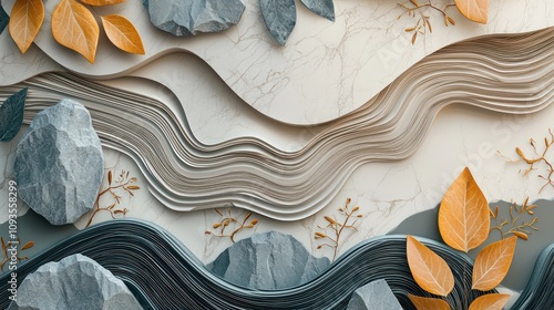 Fototapeta Naklejka Na Ścianę i Meble -  Organic wallpaper design showcasing abstract quartzite stone and nature-inspired leaves in 3D