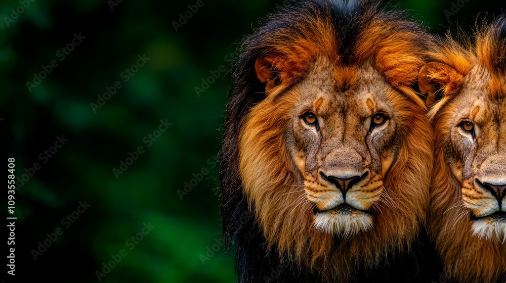 A couple of lions standing next to each other A couple of lions standing next to each other