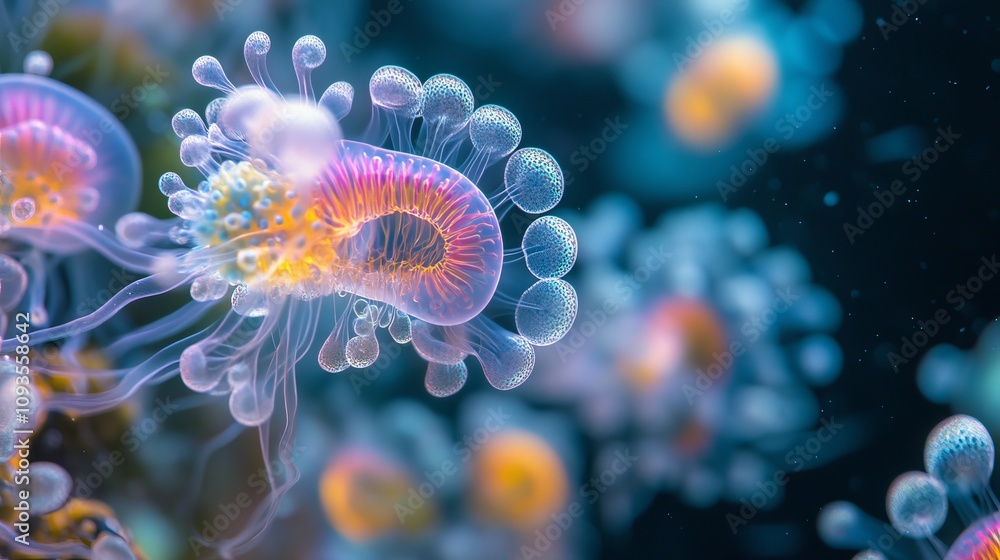 A captivating image of otherworldly jellyfish floating in the deep sea, their translucent bodies glowing with vibrant colors, symbolizing the mystery and wonder of ocean life. A captivating image of otherworldly jellyfish floating in the deep sea, their translucent bodies glowing with vibrant colors, symbolizing the mystery and wonder of ocean life.