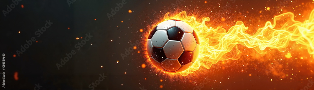 Fototapeta premium Flaming soccer ball with fiery trail on dark background