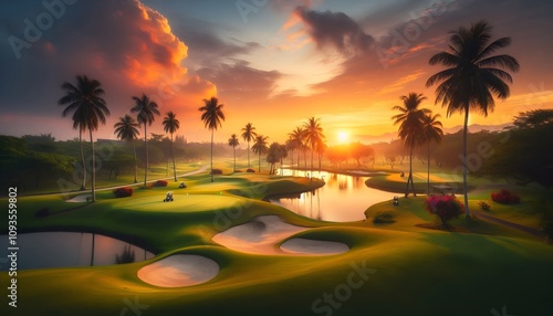 sunset over golf