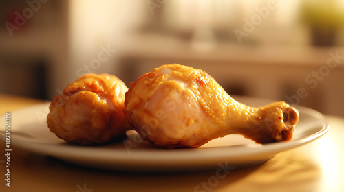 Fried chicken drumstick on a plate, warm light setup, ultrarealistic crispy detail photo