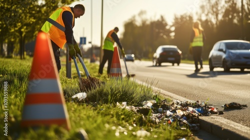 Workers clean litter from roadside in a suburban area during late afternoon sunshine