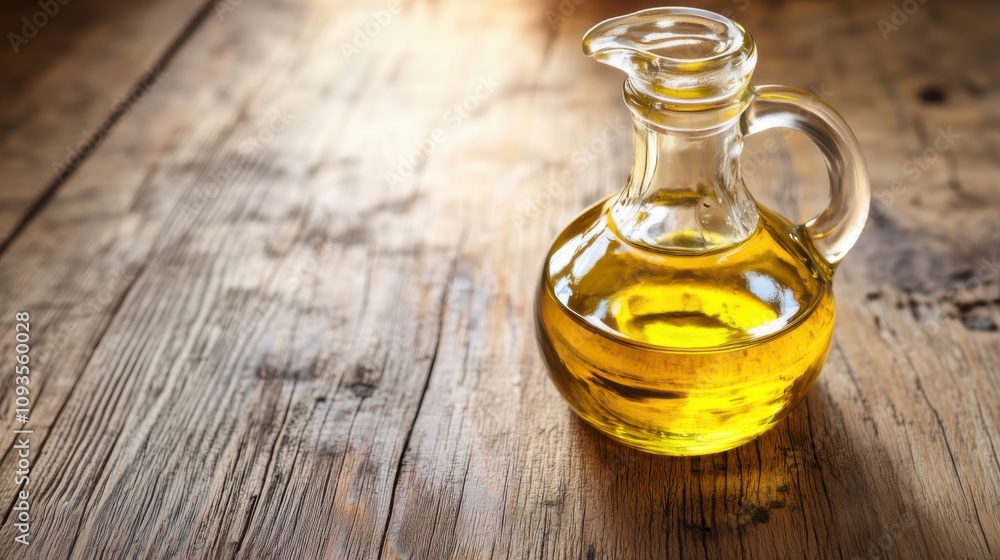 Glass bottle of golden oil resting on a rustic wooden table with natural lighting Glass bottle of golden oil resting on a rustic wooden table with natural lighting