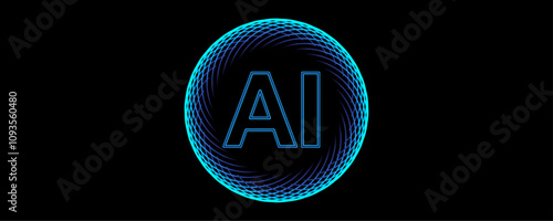 Glowing AI circuit icon. Artificial intelligence technology logo isolated on black background. Vector illustration.