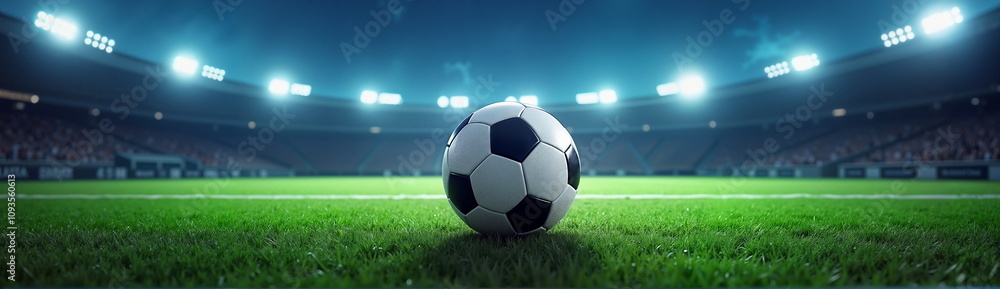 Obraz premium Soccer ball on field in illuminated stadium at night