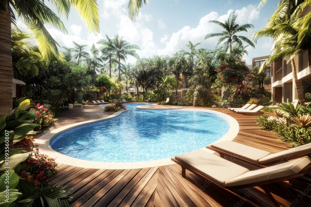 A serene resort pool surrounded by lush greenery and tropical plants. A serene resort pool surrounded by lush greenery and tropical plants.