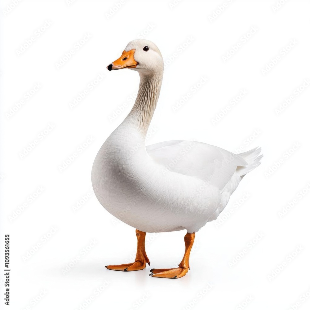 Fototapeta premium A photostock of a white goose standing gracefully on a seamless white background, perfect for farm or wildlife themes. High Quality