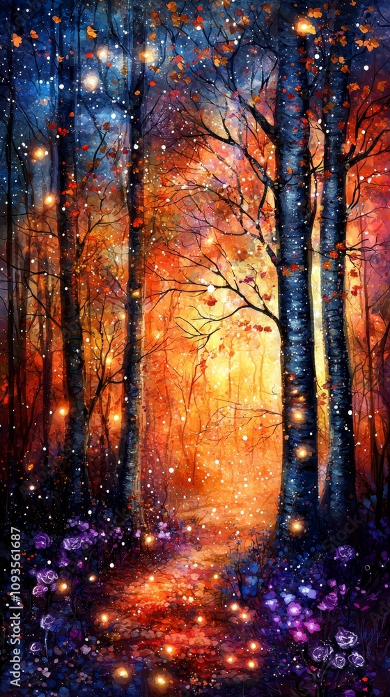 A painting of a path through a forest at night A painting of a path through a forest at night