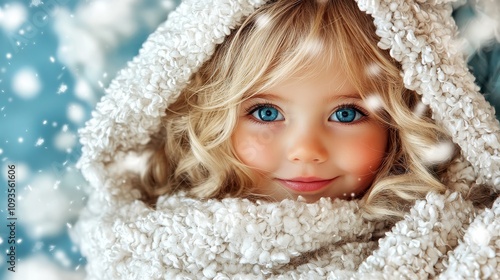 A little girl with blue eyes wrapped in a blanket