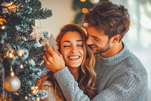 Couple Decorating a Christmas Tree Together in a Festive Home photo