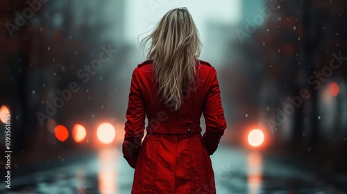 A woman in a vibrant red coat walks amid blurred city lights on a rainy street, capturing the essence of urban solitude, mystery, and contemporary style. photo