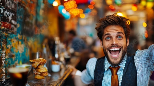 A man in a vest and tie sitting at a bar with his arms outstretched