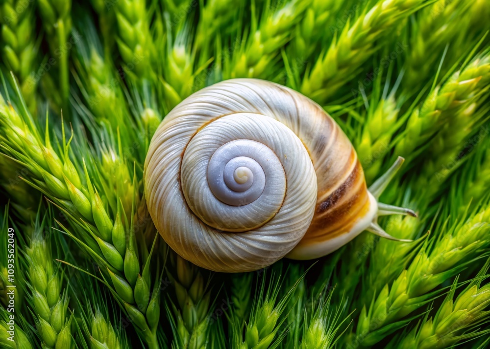 Small White Garden Snail on Rye: A Close-Up View Captured by Drone Photography Showcasing Nature's Beauty and Intricate Details in a Serene Green Landscape Small White Garden Snail on Rye: A Close-Up View Captured by Drone Photography Showcasing Nature's Beauty and Intricate Details in a Serene Green Landscape