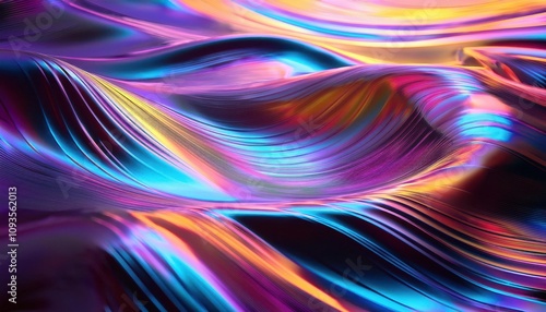 Vivid Iridescent Liquid Waves. Abstract Modern Digital Art for Creative Inspiration in Technology, Fashion, and Interior Design Concepts Highlighting Futuristic Fluid Forms and Bold Neon Color Schemes photo