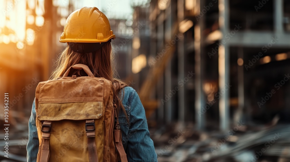 A female construction worker, equipped with a hard hat and backpack, navigating through an urban industrial environment filled with towering steel structures. A female construction worker, equipped with a hard hat and backpack, navigating through an urban industrial environment filled with towering steel structures.