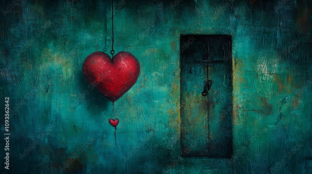 A red heart hanging from a string in front of a door A red heart hanging from a string in front of a door