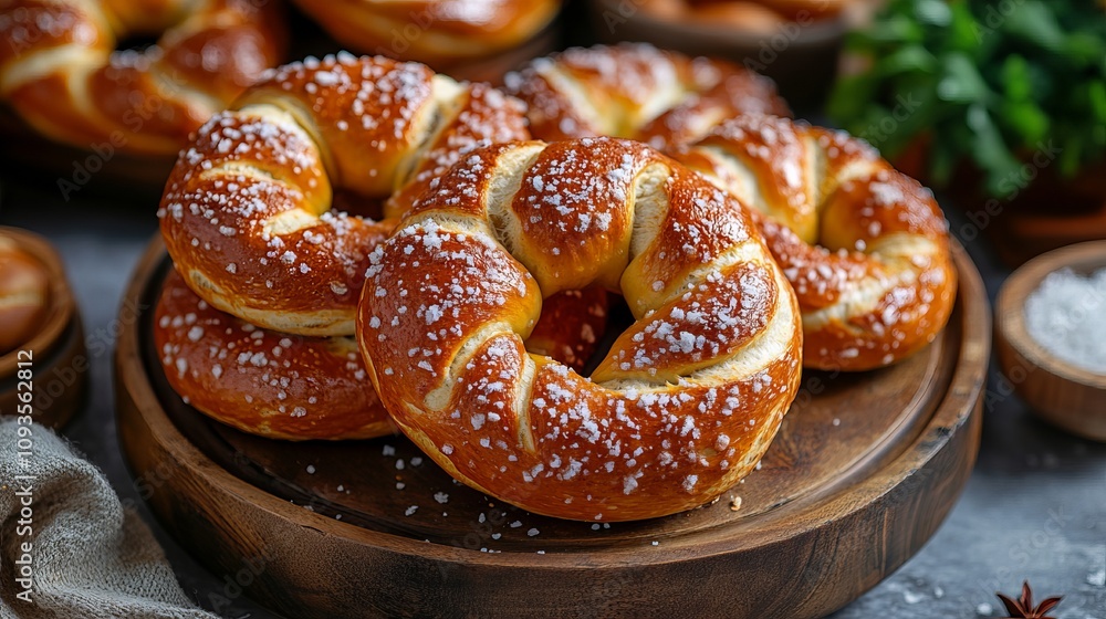The image captures freshly baked pretzels, sprinkled with large grains of salt, neatly stacked on a rustic wooden board, emblematic of traditional bakery goods craftsmanship. The image captures freshly baked pretzels, sprinkled with large grains of salt, neatly stacked on a rustic wooden board, emblematic of traditional bakery goods craftsmanship.