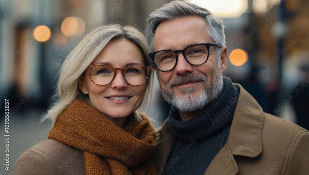 Happy senior couple wearing warm clothes smiling outdoors in winter city
Happy senior couple wearing warm clothes smiling outdoors in winter city