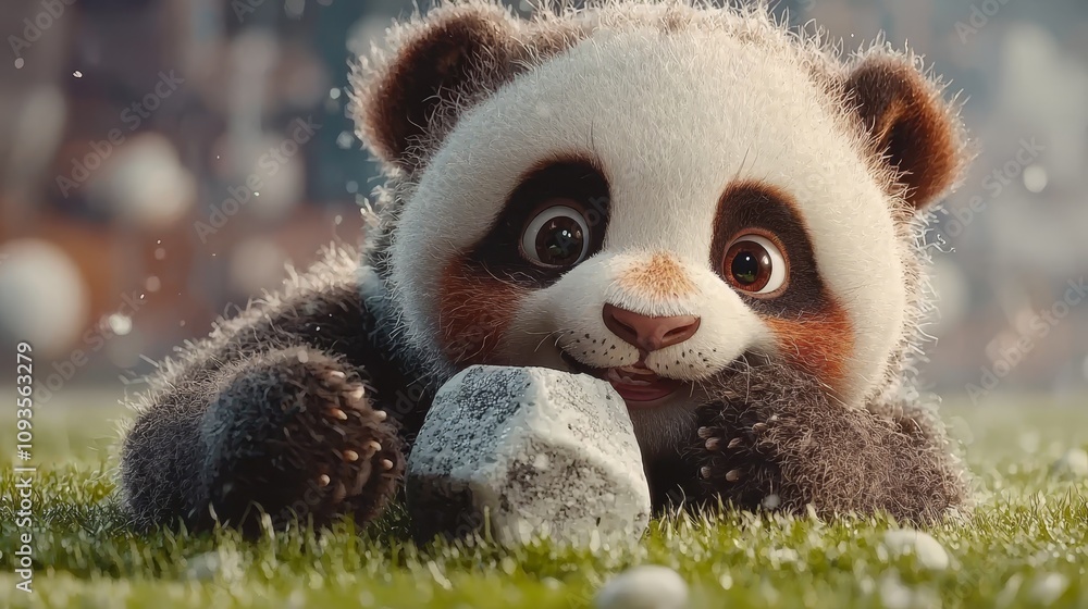 A panda bear laying on top of a lush green field A panda bear laying on top of a lush green field