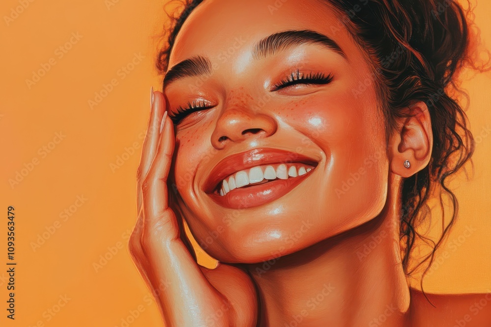 Portrait of smiling woman with radiant skin against peach background