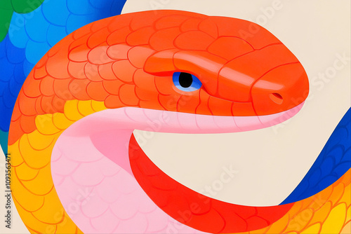 Stylized artwork of a vibrant orange snake with multicolored scales, a striking blue eye, and a minimalistic background. photo