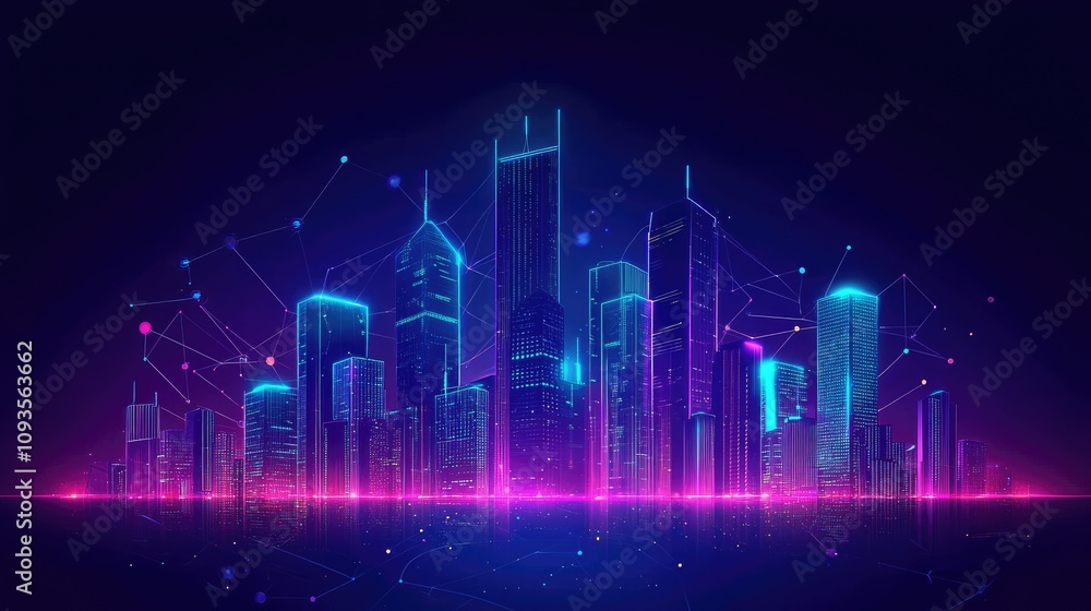 Neon cityscape with digital network connections. Neon cityscape with digital network connections.