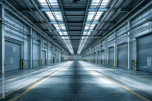 Spacious interior of an industrial warehouse with natural lighting