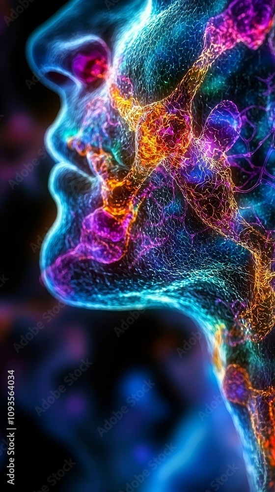 A close up of a woman's face with colorful neurons A close up of a woman's face with colorful neurons