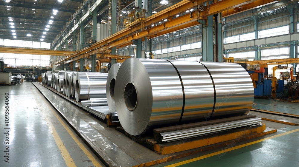Aluminum coils in a large industrial factory. Aluminum coils in a large industrial factory.