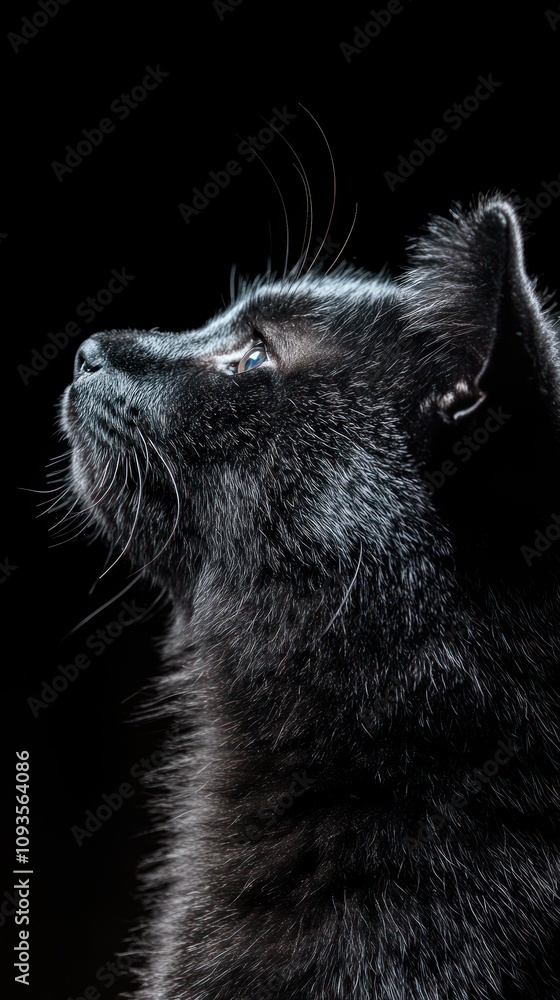 A close-up profile of a black cat against a dark background, highlighting its features. A close-up profile of a black cat against a dark background, highlighting its features.