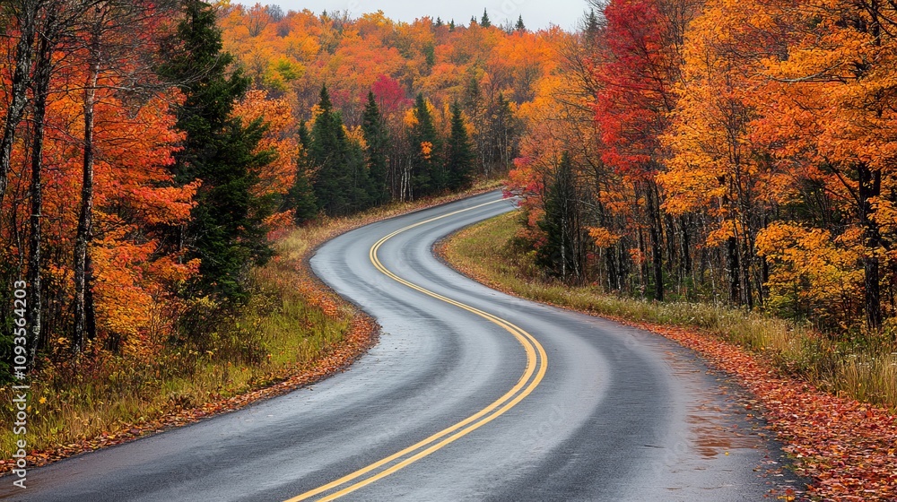 A beautifully curved road winds through a forest in full autumnal bloom, showcasing vibrant foliage in shades of orange, red, and yellow, creating a serene landscape. A beautifully curved road winds through a forest in full autumnal bloom, showcasing vibrant foliage in shades of orange, red, and yellow, creating a serene landscape.