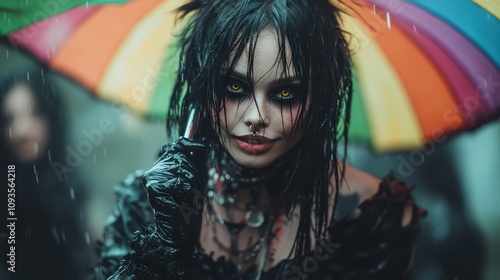 A gothic woman with intense eyes stands under a colorful umbrella in the rain, adorned in unique accessories and exuding a powerful aura of mystery and allure. photo