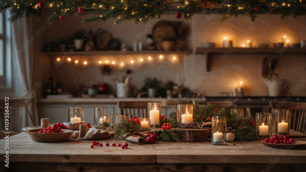 A rustic kitchen decorated for the New Year with a wooden table set for a festive meal. A rustic kitchen decorated for the New Year with a wooden table set for a festive meal.