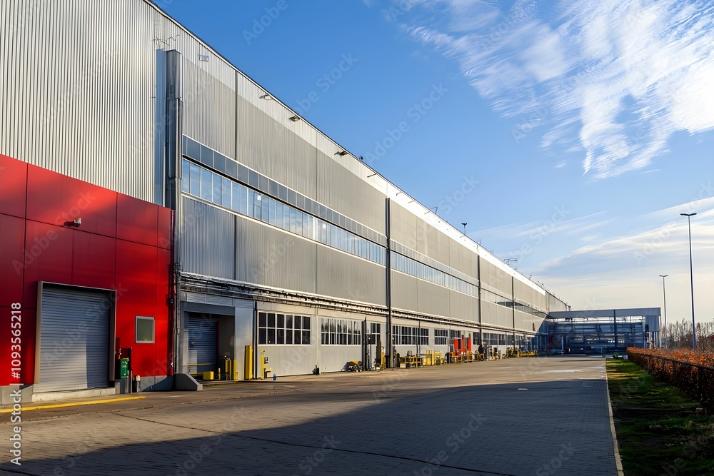 Modern industrial warehouse exterior under blue sky and clouds Modern industrial warehouse exterior under blue sky and clouds